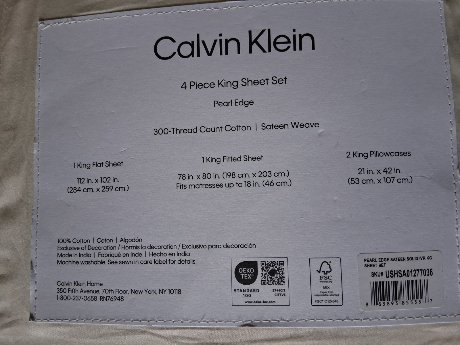 Calvin Klein IVORY KING 100% Cotton SATEEN Weave  4PC Sheet Set