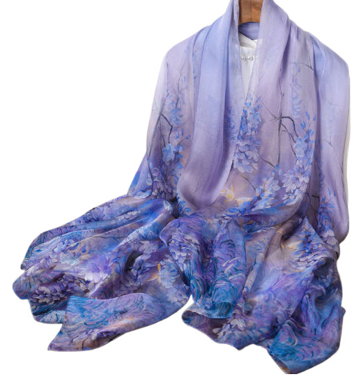 100% Silk Scarf Women neckerchief large Shawl Wrap Floral purple blue HD118-10