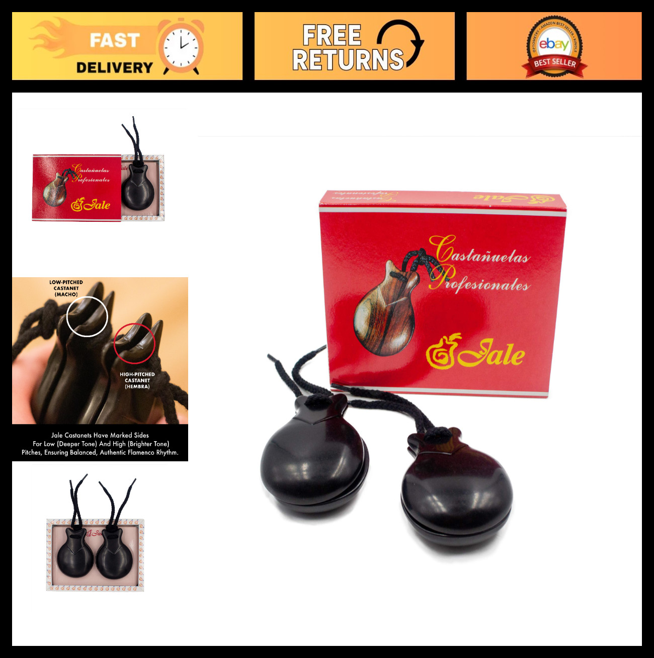 Flamenco Castanets Black Fiber Size T-6 for Adults - Spanish Castañuelas, Made i