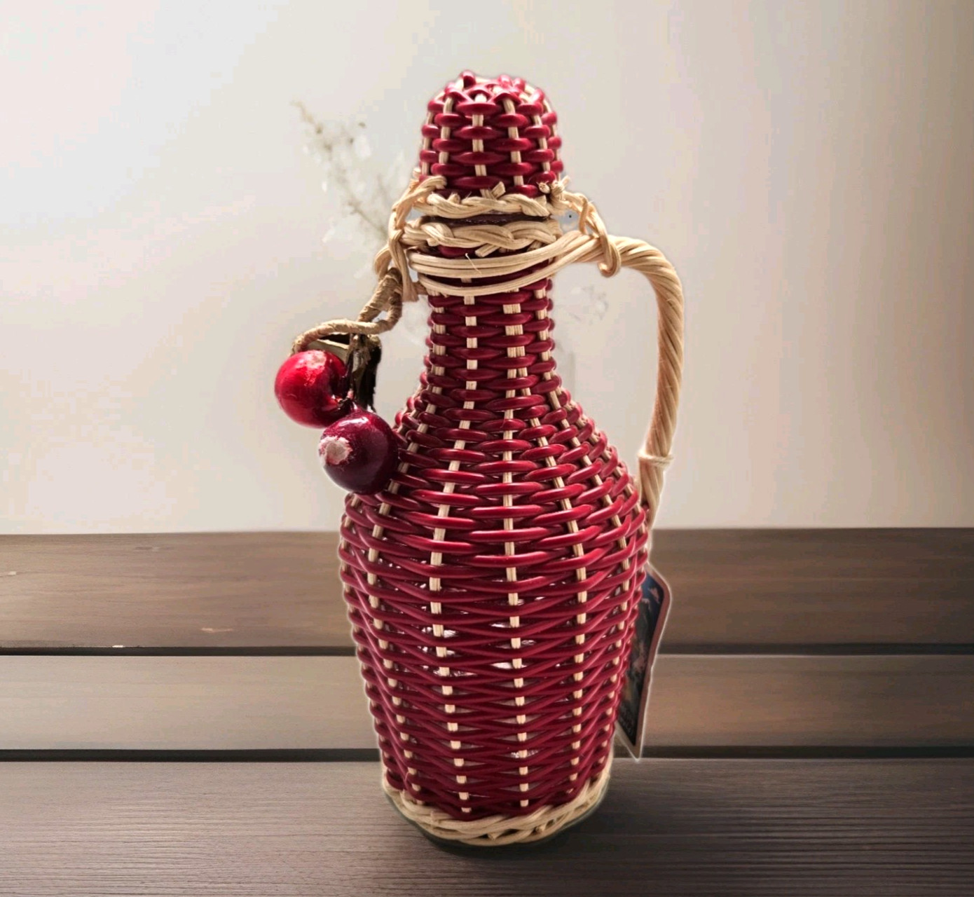 Vintage Empty Red Wicker Wraped Cherry Brandy Glass Bottle Blackforest Germany