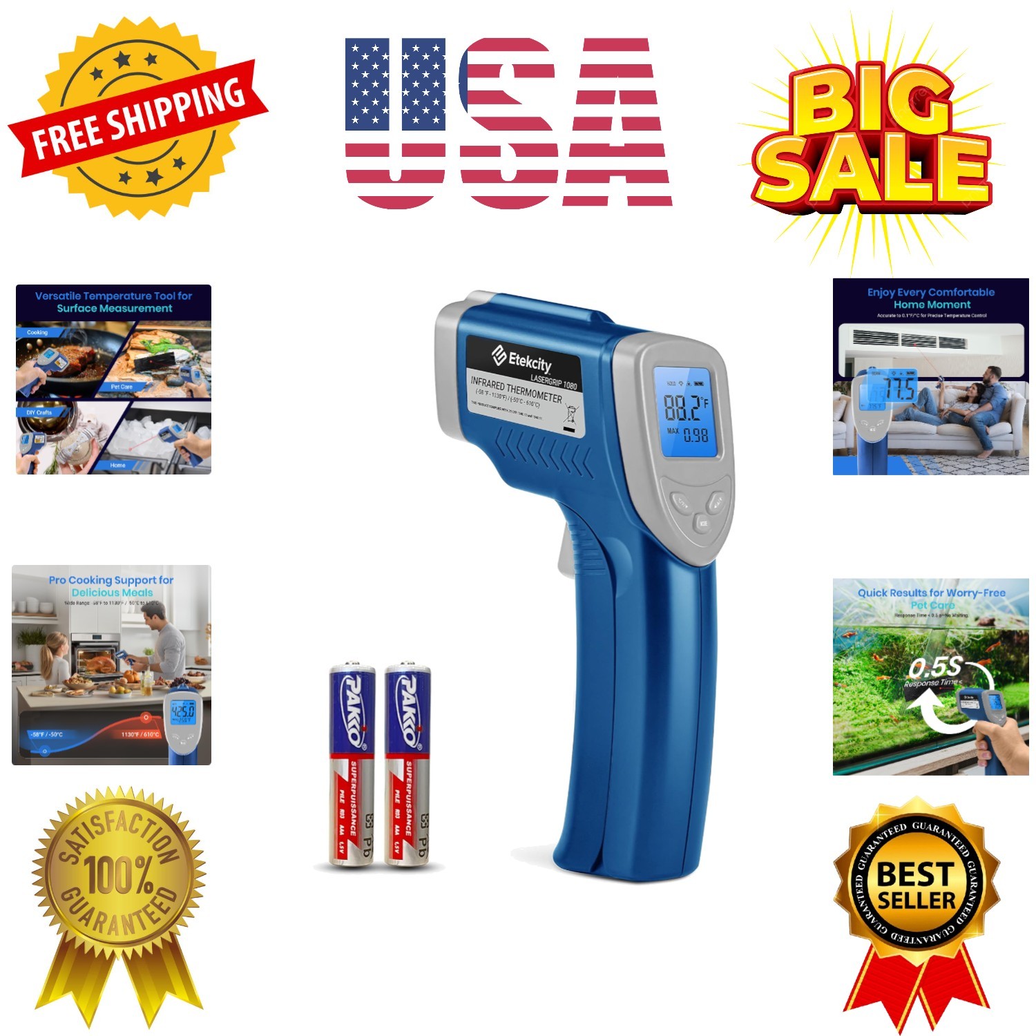 Infrared Thermometer Laser Temperature Gun 1080, -58°F~ 1130°F for Meat Food ...
