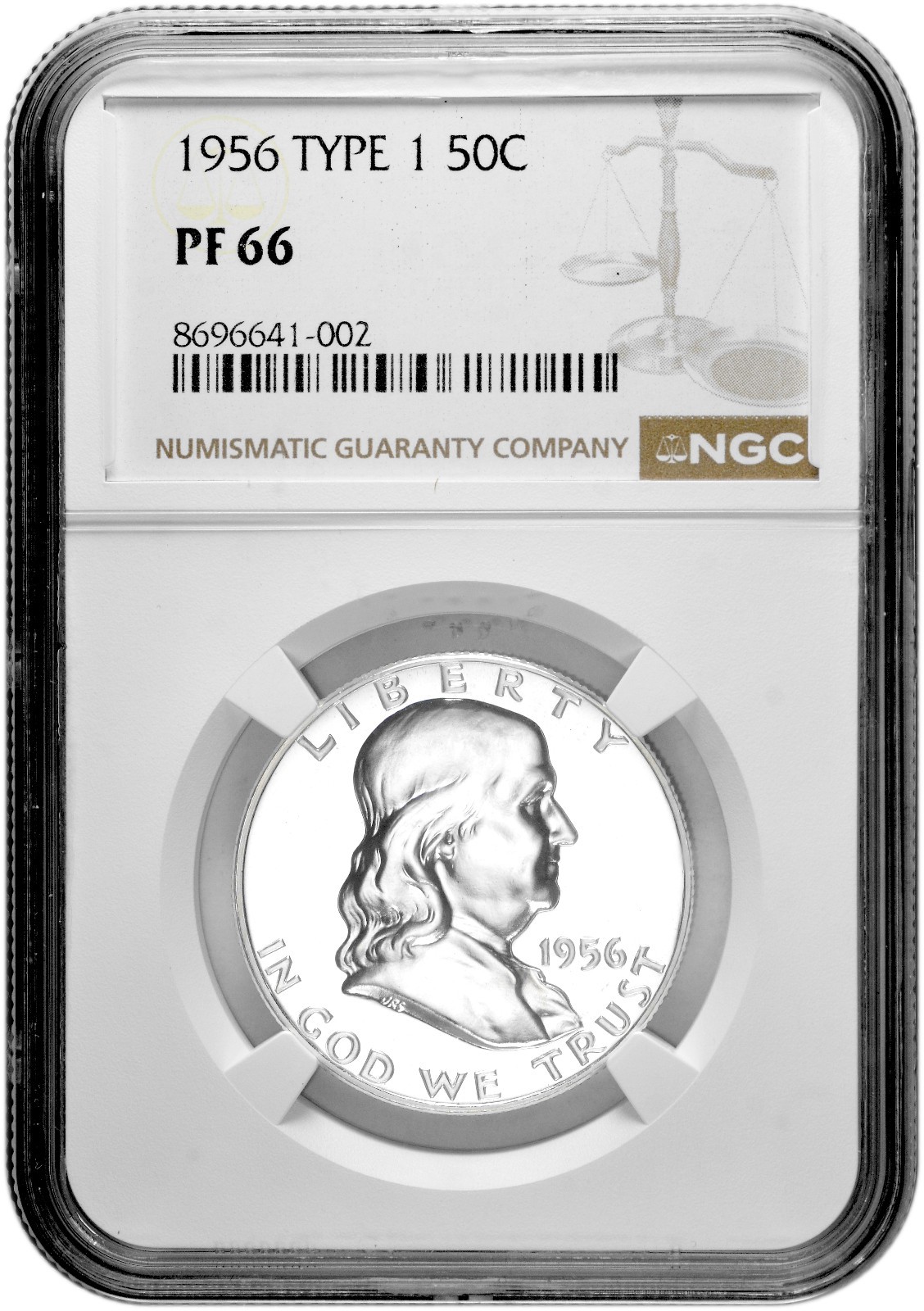 1956 Type 1 50C Proof Silver Franklin Half Dollar NGC Graded PF 66 in New Holder