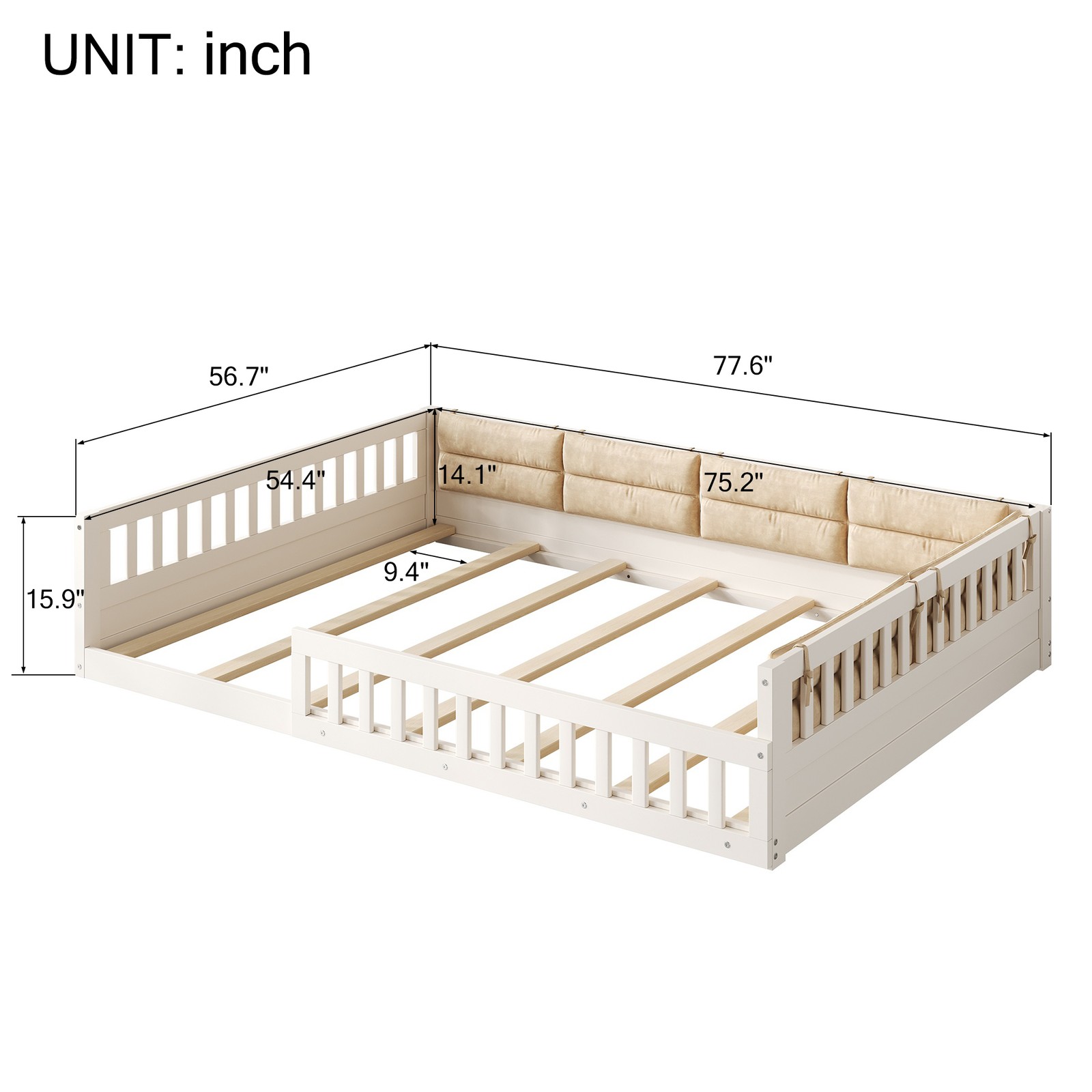 Full Size Upholstered Platform Bed with Guardrail & Pillow, Beige