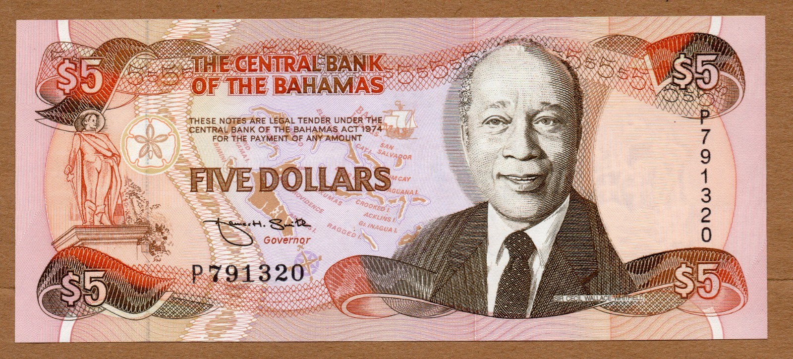 BAHAMAS - 5 DOLLARS - 1974 - PREFIX P - SIGNATURE SMITH  - P52a - UNCIRCULATED