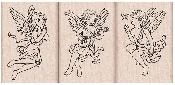 3 ANGEL Trio Rubber Stamp Wood Mounted Set of 3 New