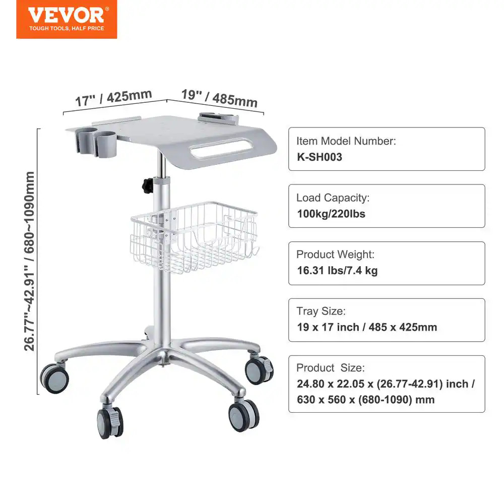 Medical Cart, Salon Cart with Wheels, Mobile Trolley Cart Height Adjustable,Roll