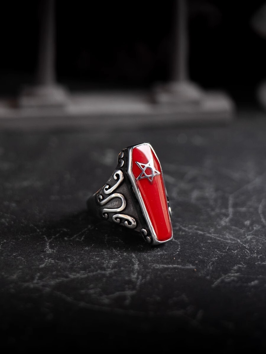 hangsworld Devil's Heart Dark Inverted pentacle Retro Red Drip Glue Ring