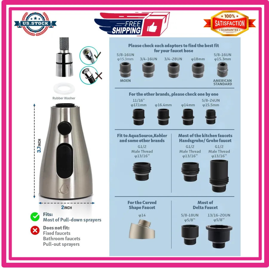 Kitchen Faucet Pull Down Replacement Sprayer 3 Function Brushed Nickel 15 Ada...