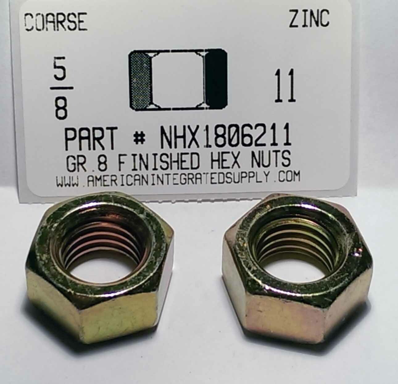 5/8-11 Finished Hex Nuts Grade 8 Steel Zinc Yellow Plated (10)