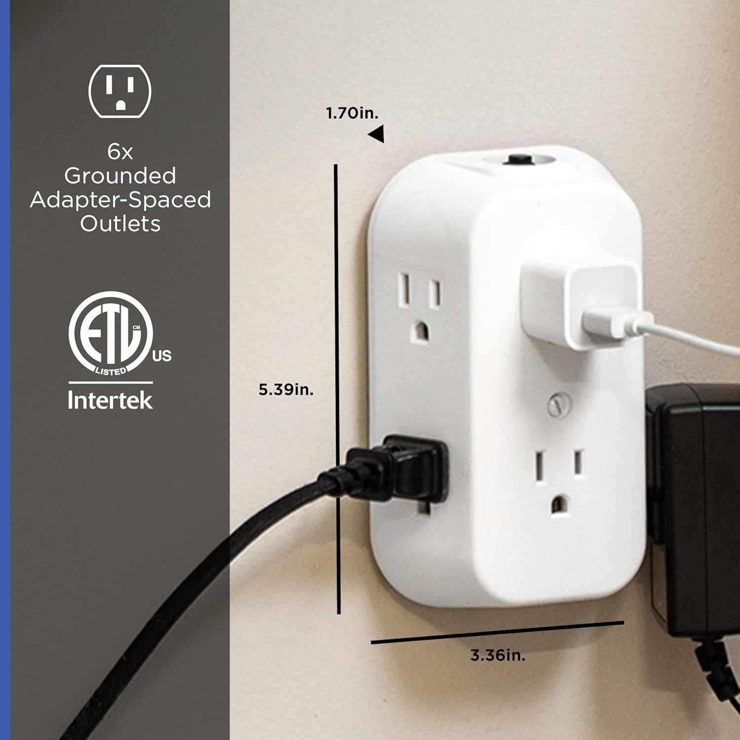 Space-Saving 6-Outlets Power Strip with Reset Button - Listed White Adapter