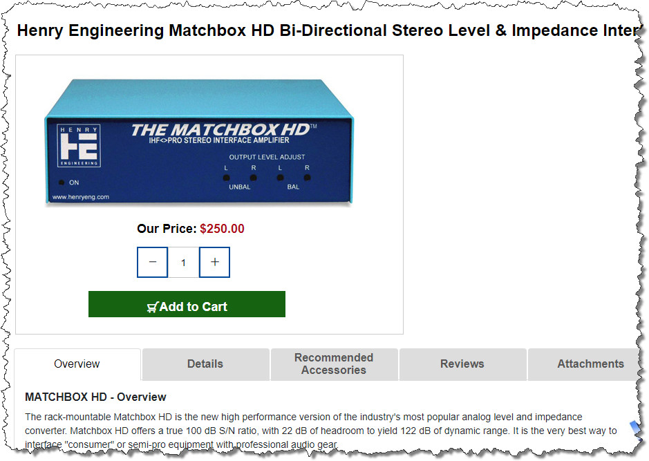 Henry Engineering Matchbox HD Pro Balanced XLR Unbalanced IHF RCA Converter