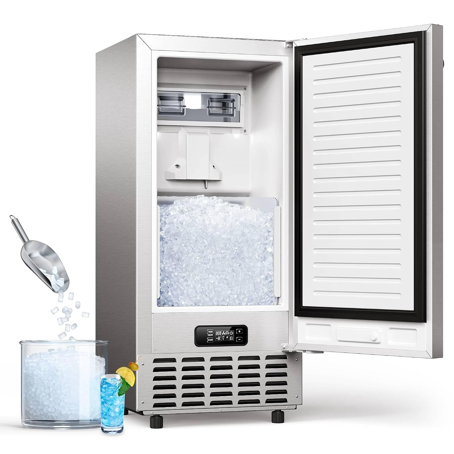 15'' Under Counter Nugget Ice Maker Machine Freestanding 66Lbs/Day Self-Cleaning