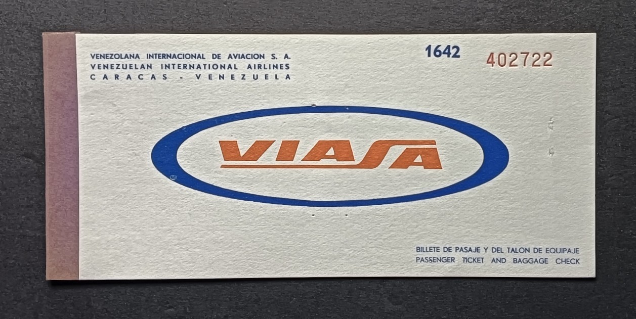 VIASA VENEZUELA - USED PASSENGER TICKET ISSUED DECEMBER 26, 1968