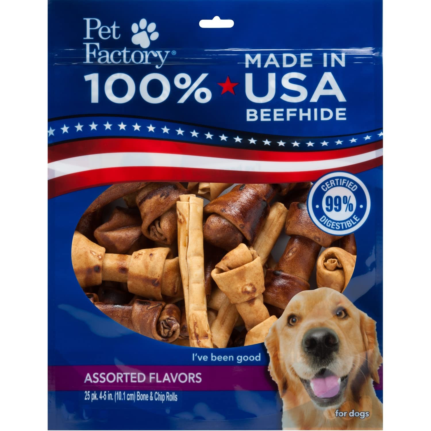 Pet Factory 100% Made in USA Beefhide 4-6" Assorted (Bones & Chip Rolls) Dog ...