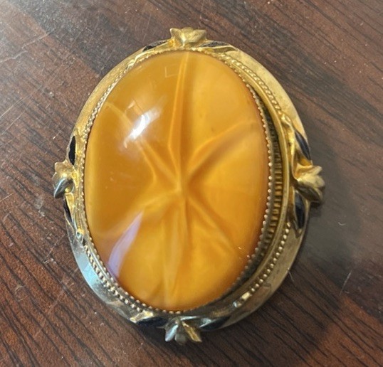 Vintage 1920's Brass and Yellow Glass Faux Sapphire Oval Pin/Brooch and Earrings