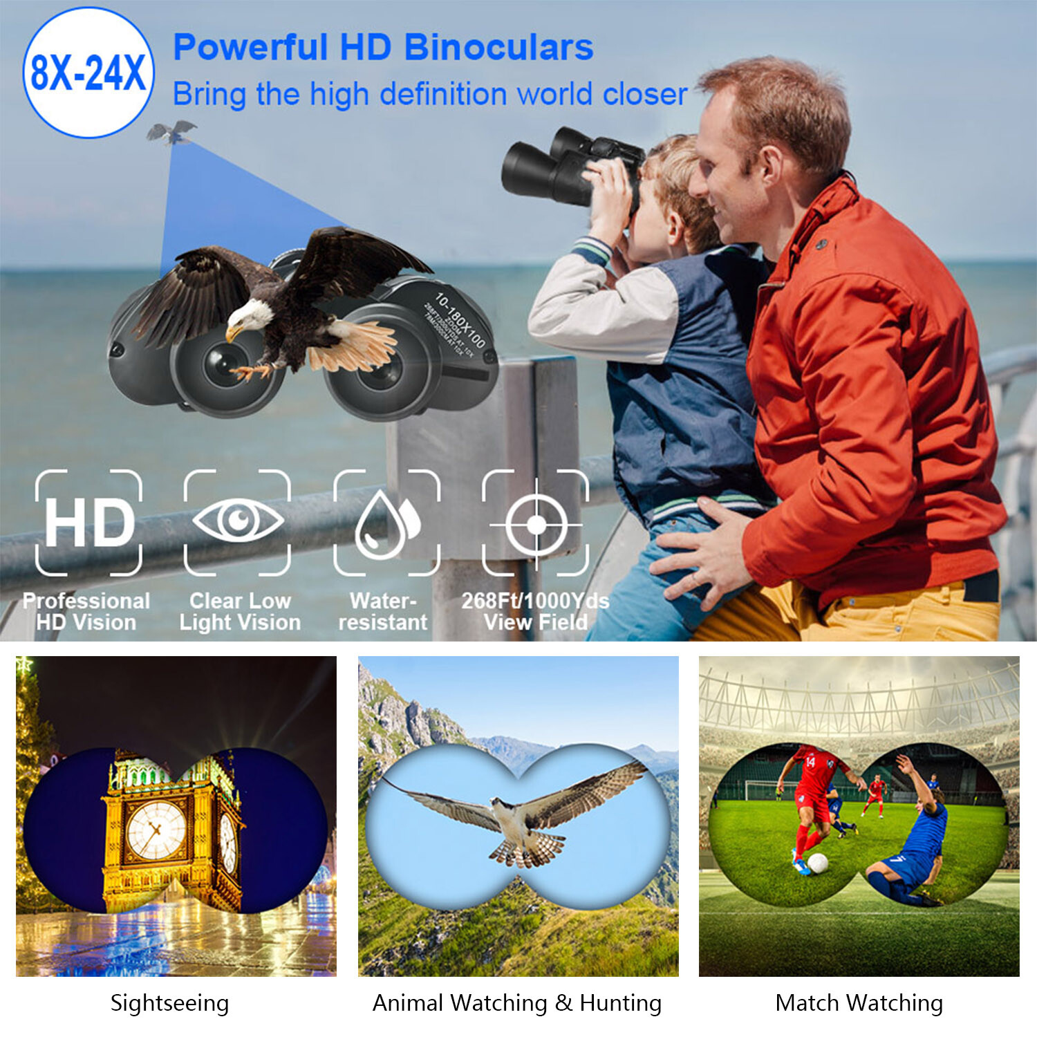 High Power Binocular for Adults w/ Low Light Night Vision, Compact Professional
