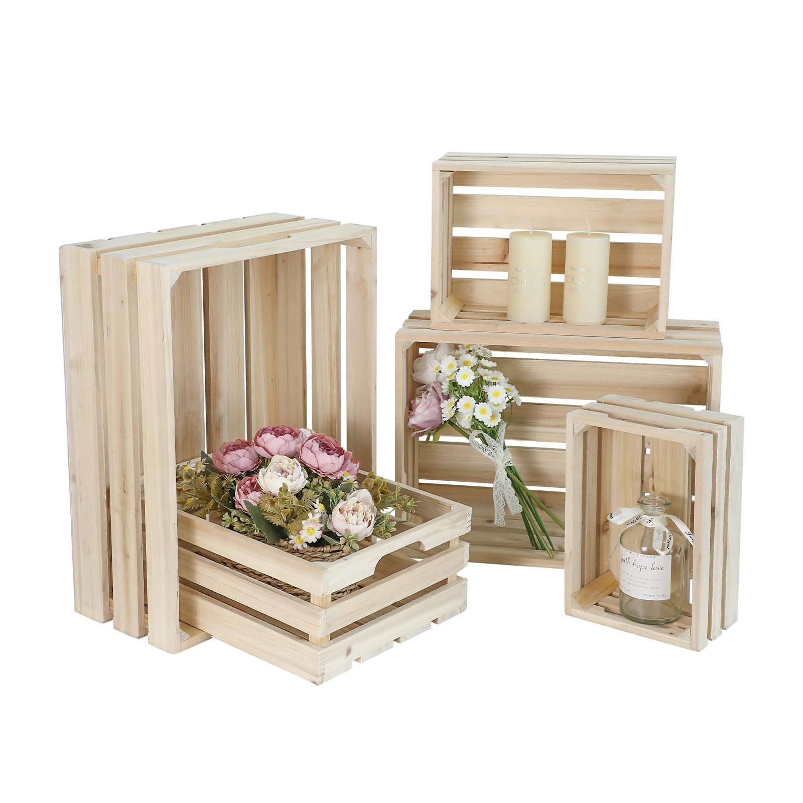 Wooden Crates, Unfinished Set of 5 Large Wood Crates with Handles, Rustic Far...