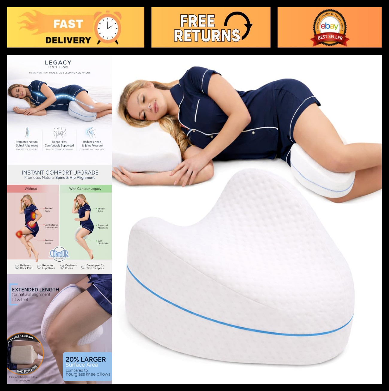 Foam Support Pillow for Side Sleepers - Leg & Knee Relief for Back, Hips, Joints