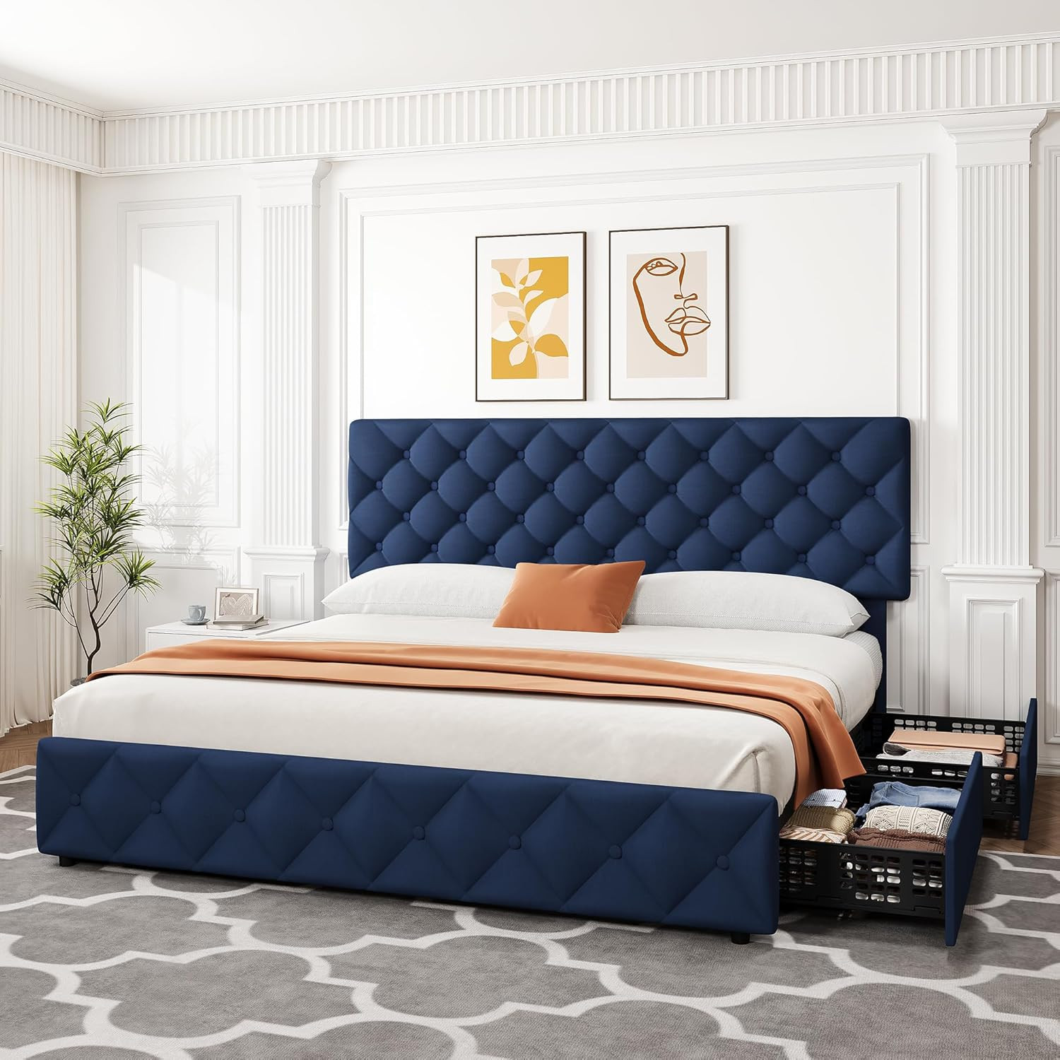 Stylish King Size Bed Frame with Storage Drawers & Adjustable Headboard - Blue