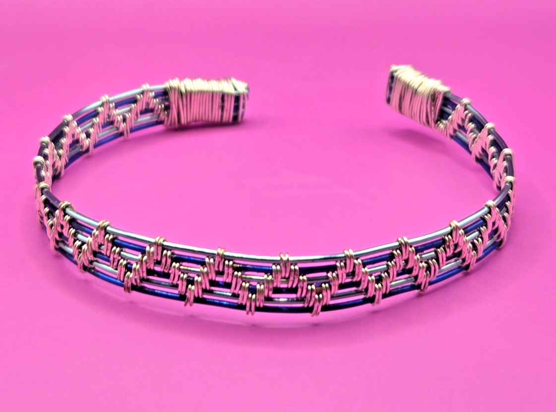 Unique Wire Wrapped Blue And Silver Handmade Adjustable Bracelet