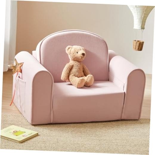 2-in-1 Foldable Kids Couch with Pocket Soft Thick Toddler Sofa | Pink