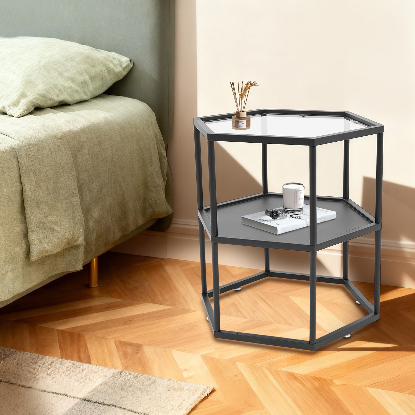 Modern Side Table, Hexagonal Side Table, Iron Side Table with 2-Tier Storage She