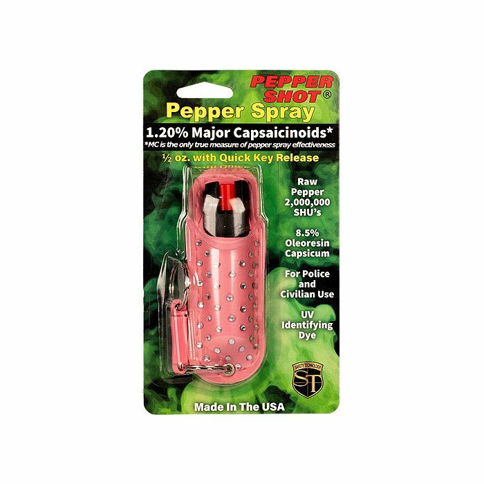 Pepper Shot 1.2% MC 1/2 oz Halo Rhinestone Holster PINK POLICE Keychain HOT