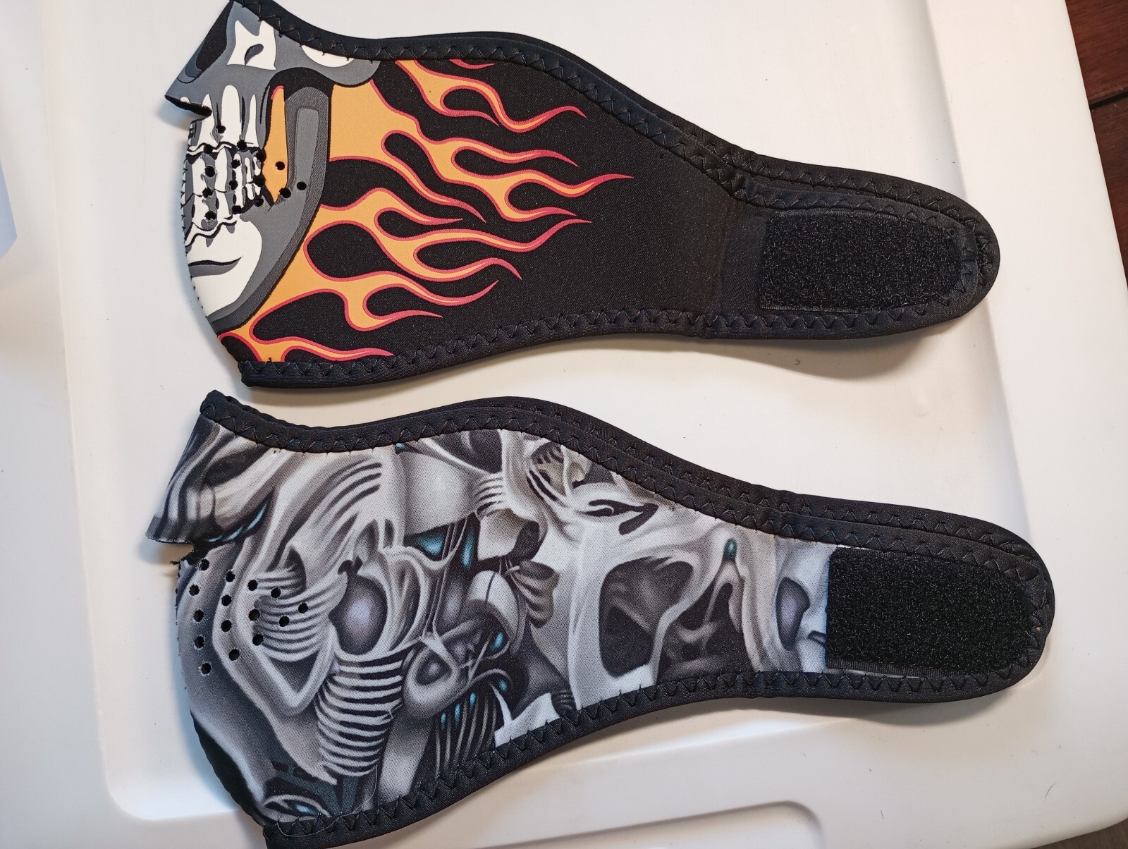 Neoprene Half Mask Lot of 2 Bio Mechanical and Flaming Skull Pattern