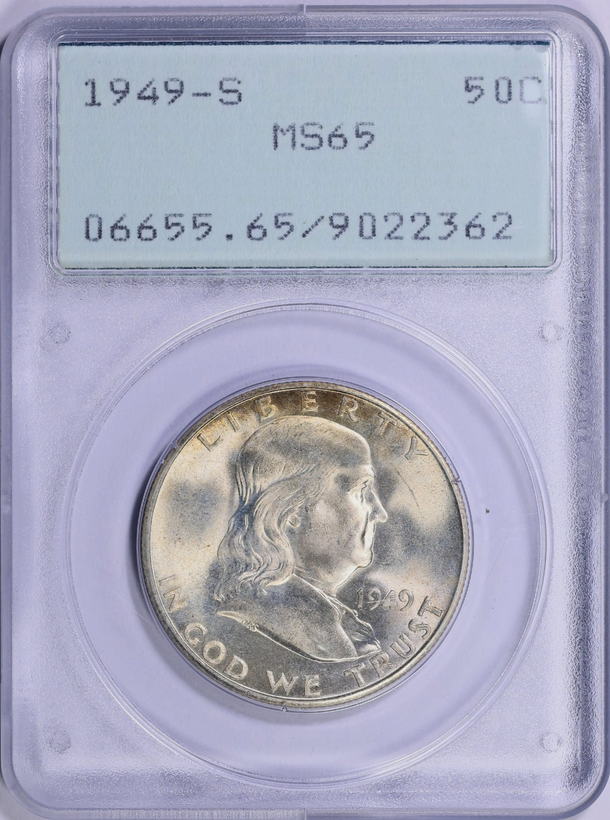 1949-s Franklin half dollar PCGS MS65, old rattler holder Gen 1.2