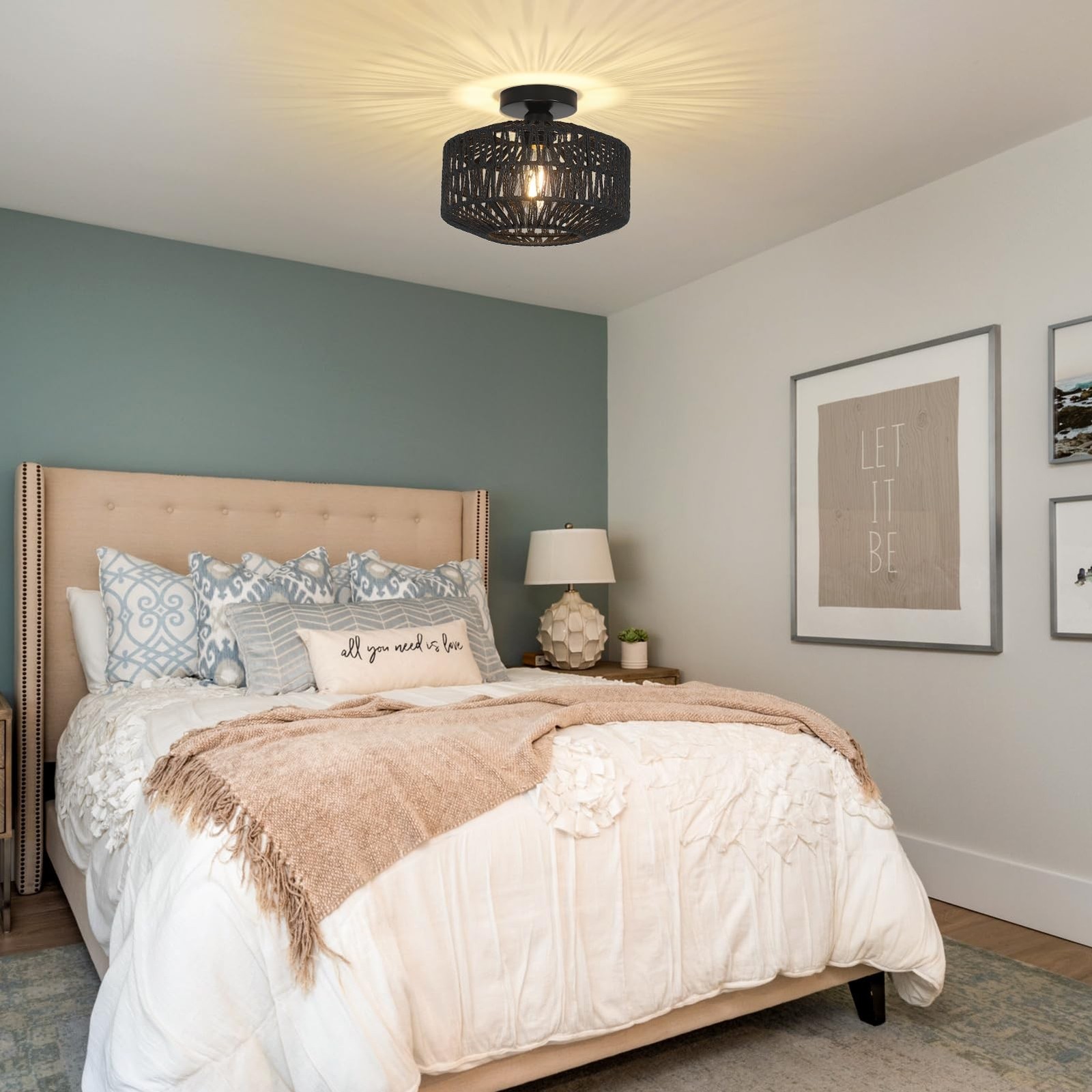 Rattan Light Fixtures Ceiling Mount,Boho Ceiling Light Fixture with Dimmable ...
