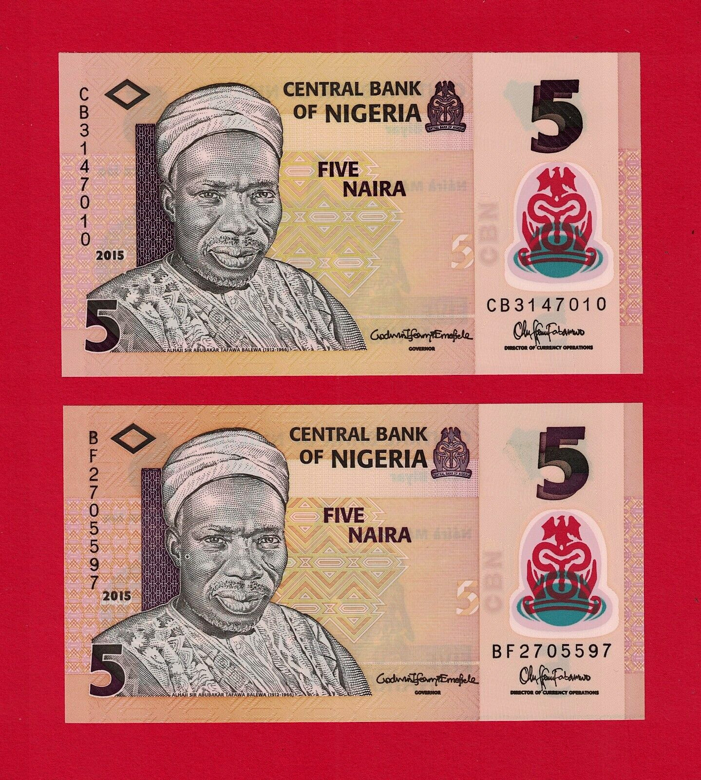 ERROR NOTE - 2 X 5 NAIRA 2015 NIGERIA UNC POLYMERS Sign: Emefiele & Fabamwo P-38