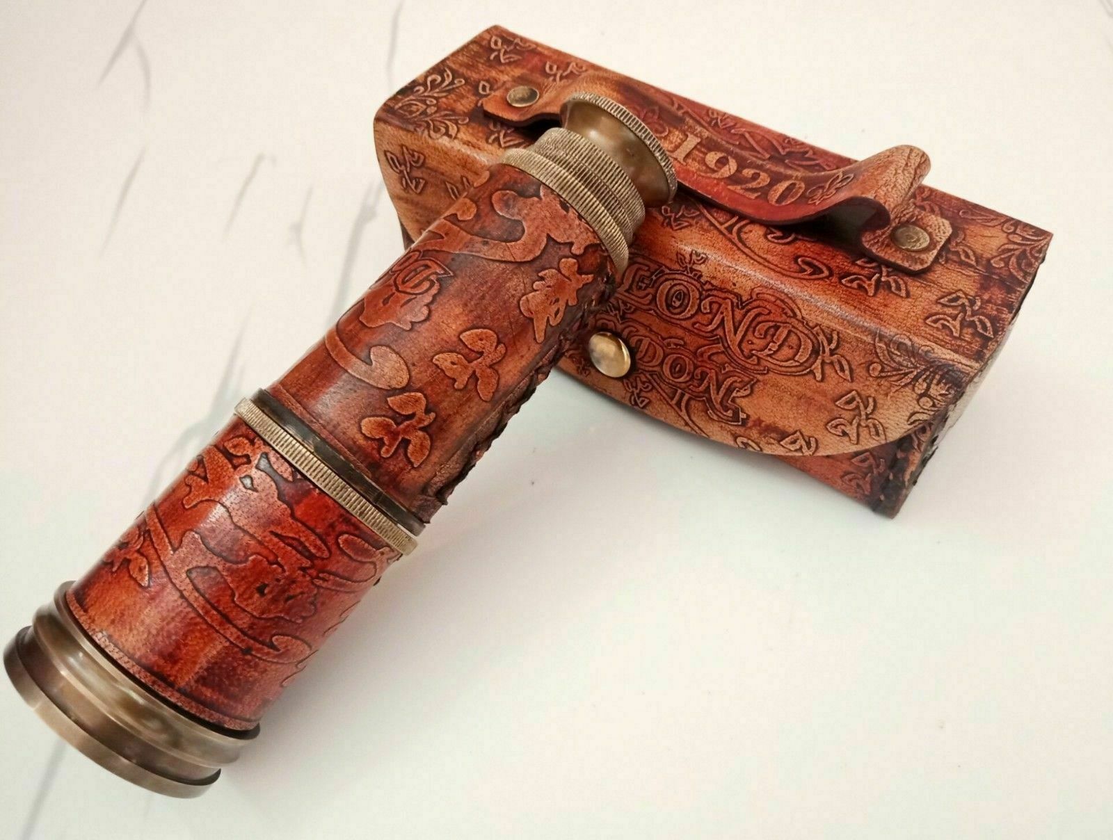 BRASS LEATHER PIRATE SPYGLASS VINTAGE SCOPE VINTAGE TELESCOPE MARINE ANTIQUE