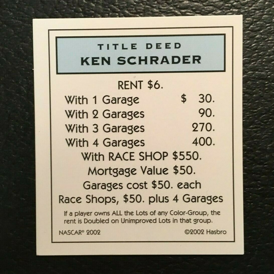 Monopoly  NASCAR   KEN SCHRADER   Title Deed Card   REPLACEMENT CARD  2002