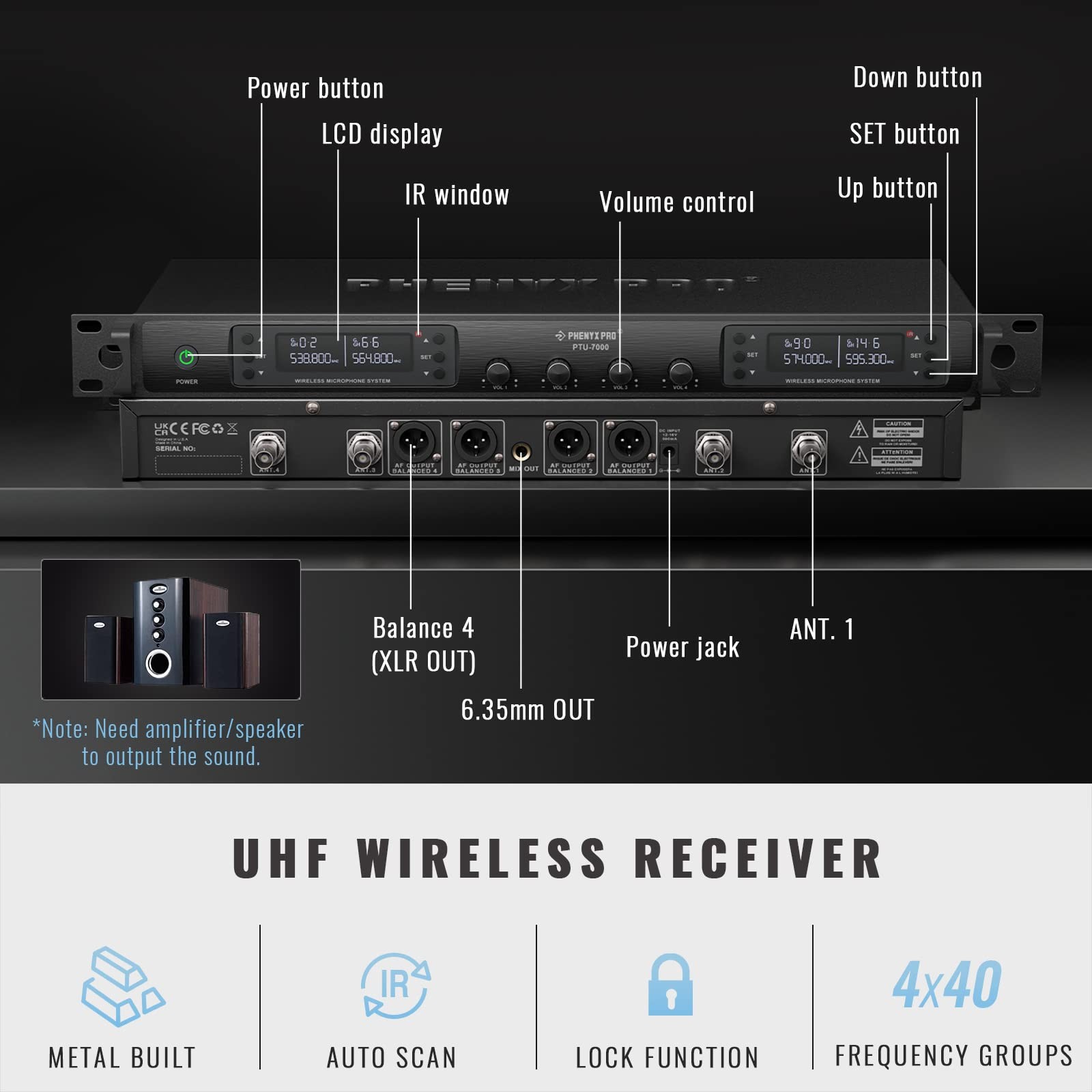 Phenyx Pro Wireless Microphone System, Quad Channel PTU-7000-4H, Black