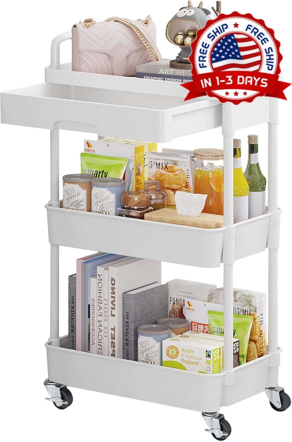 Carrito Organizador Metálico 3 Niveles con Ruedas Móvil Cocina Blanco, Nuevo
