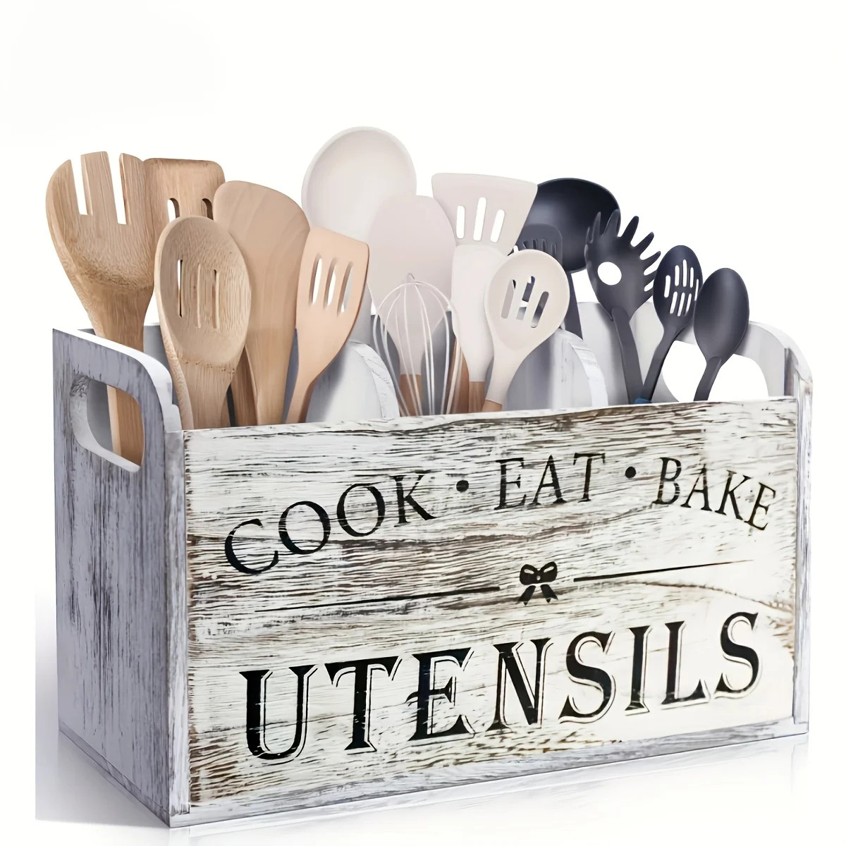 Wooden Kitchen Utensil Holder - Modern Farmhouse Countertop Organizer Stand