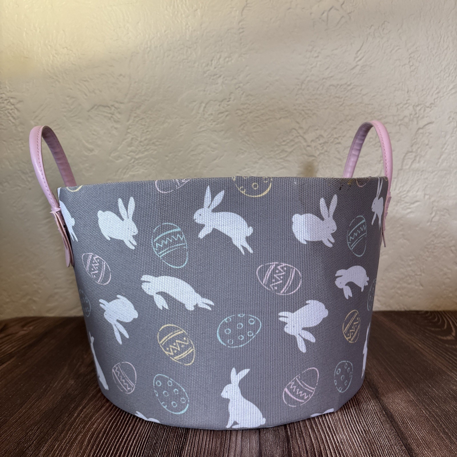 Large Fabric Spring Easter Basket with Handles Grey w/ Bunnies, Egg Pattern Deco