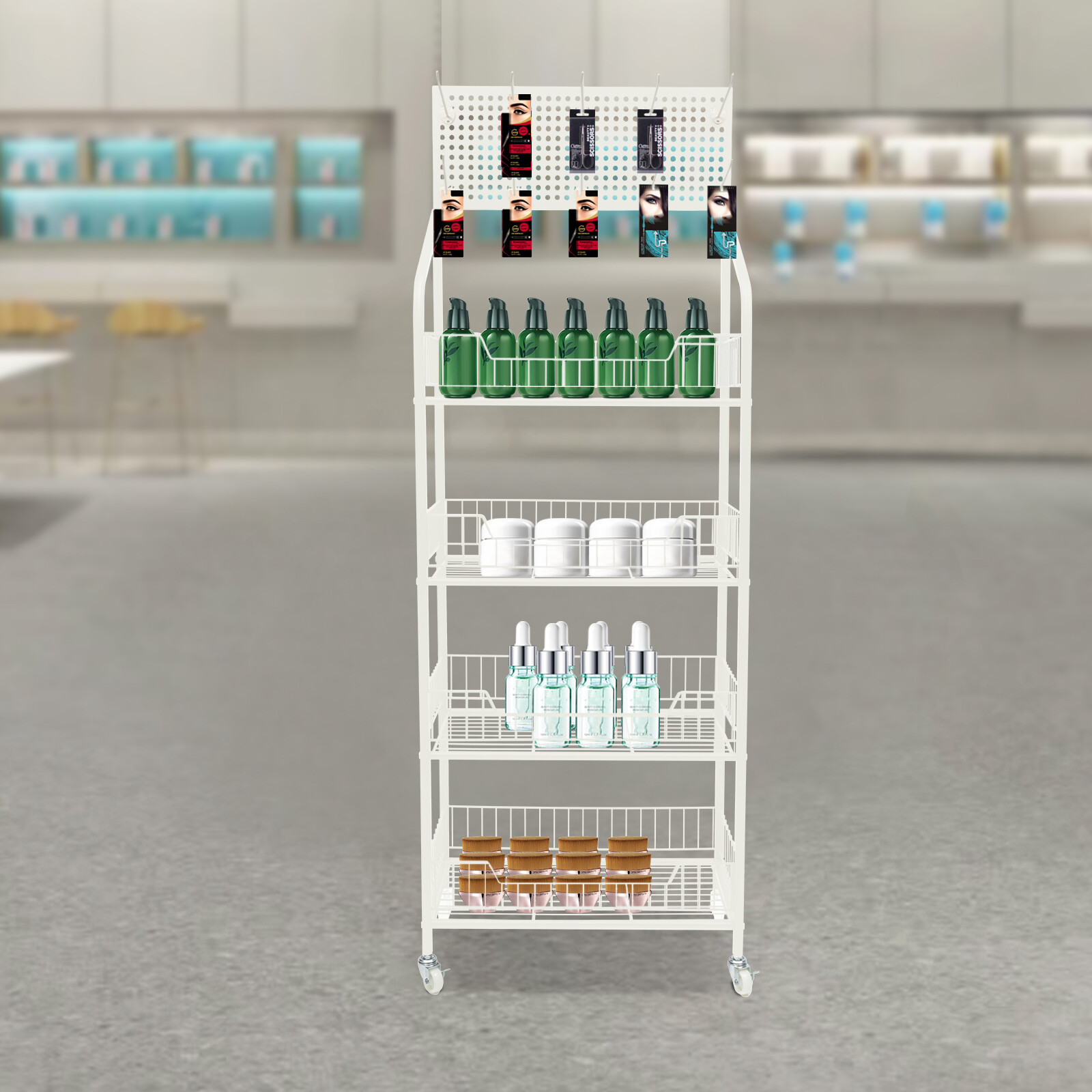4-Tier Metal Snack Display Rack With Hooks & Wheels White