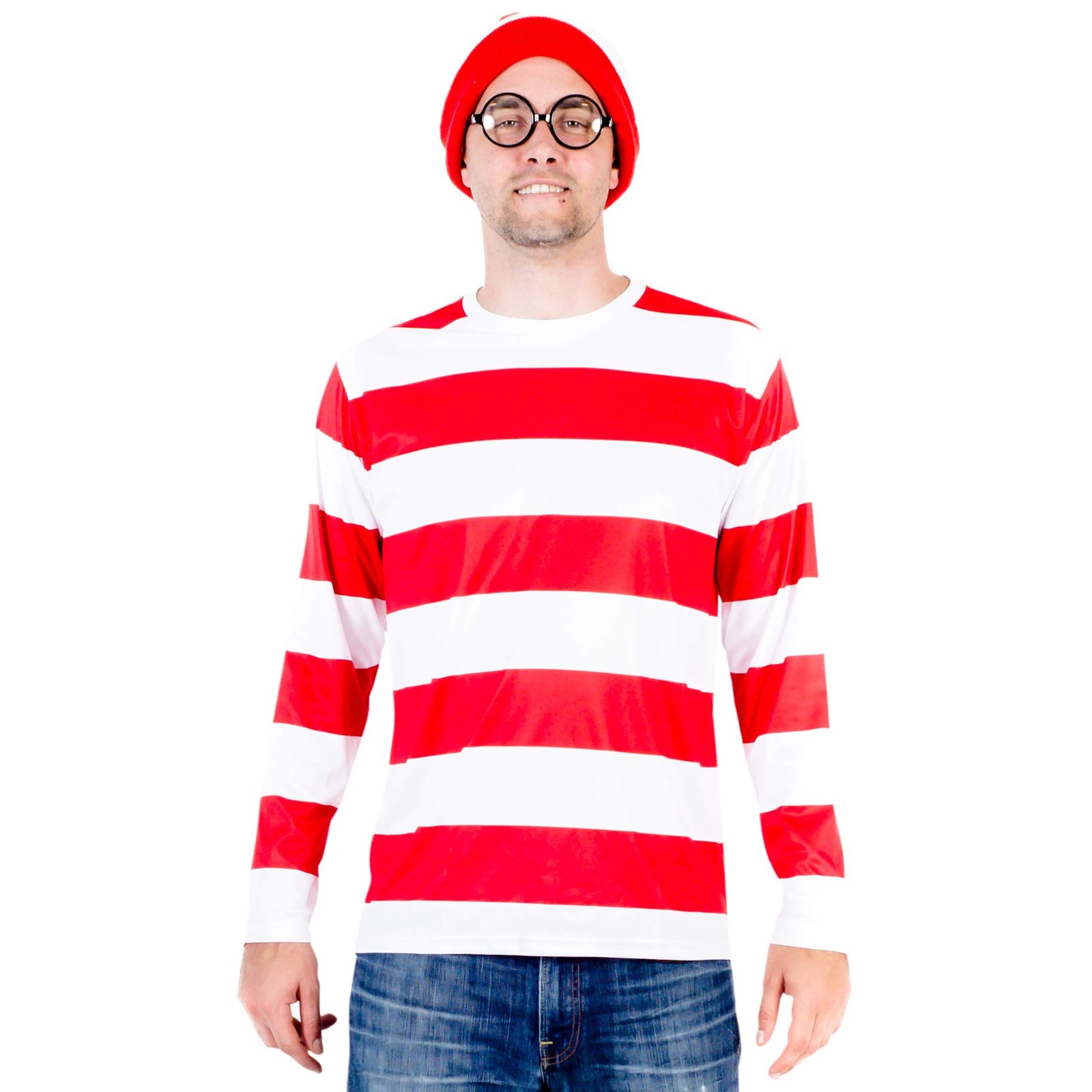 Where's Waldo Longe Sleeve Shirt, Glasses, and Hat DELUXE 3X-Large, Adult