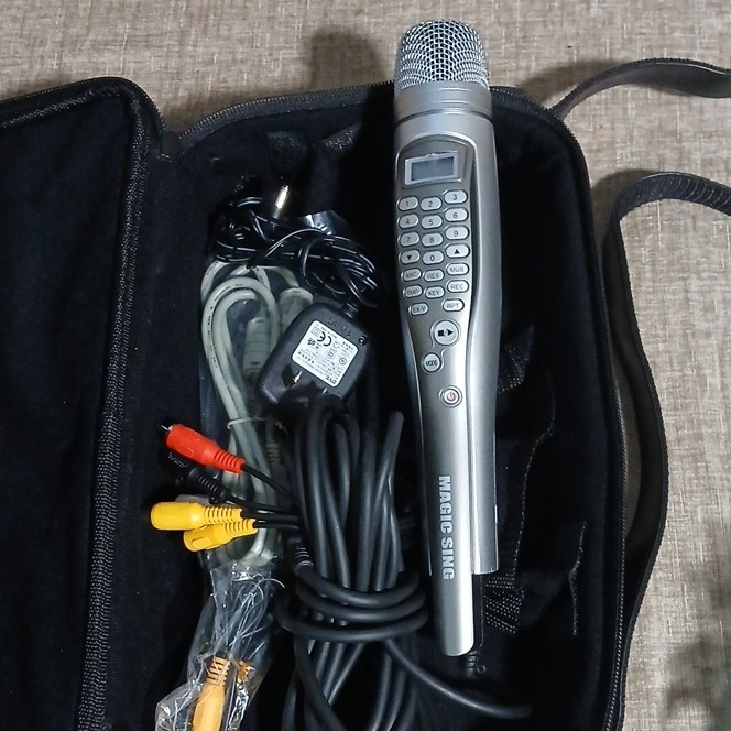 Magic Sing Karaoke Microphone Silver RCA Built-in Songs On/Off Switch Carry Case