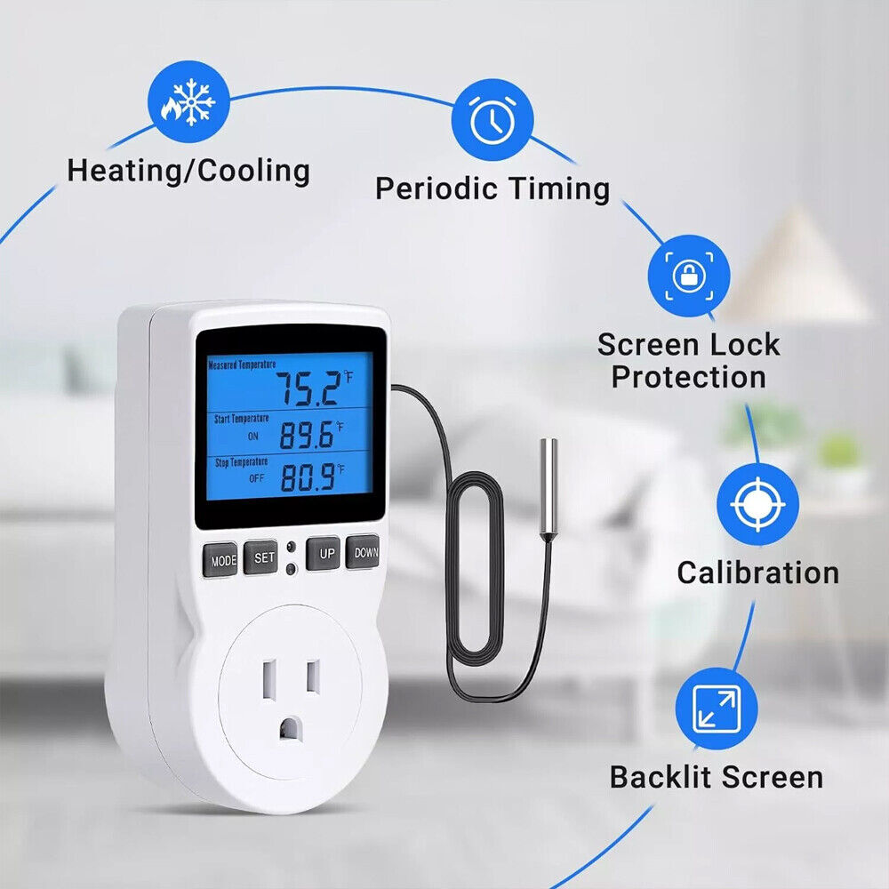 Digital Thermostat Outlet Plug Temperature Controller Heating Cooling w/ ProbeOq