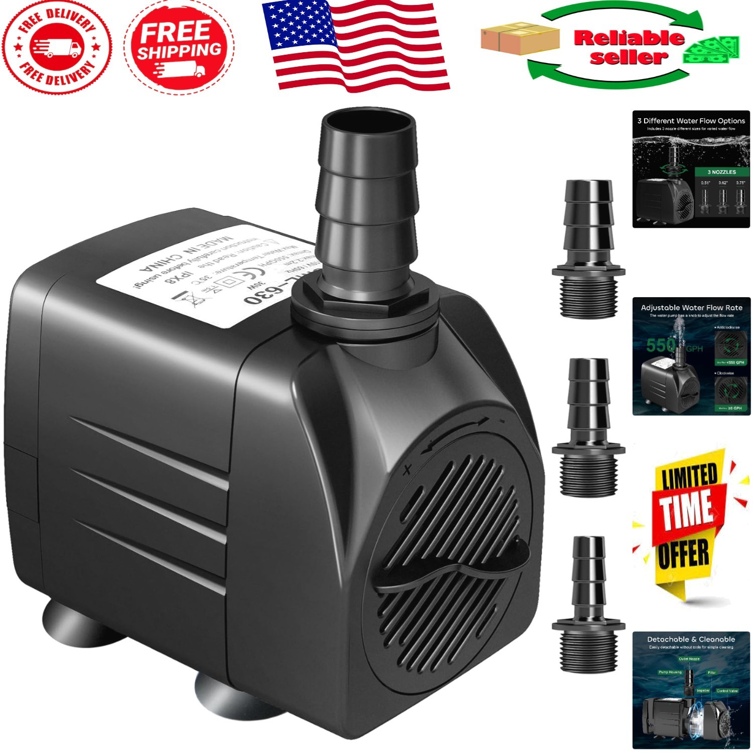 30W High Efficiency Fountain Pump - 550GPH, 7.2ft Lift for Ponds & Hydroponics