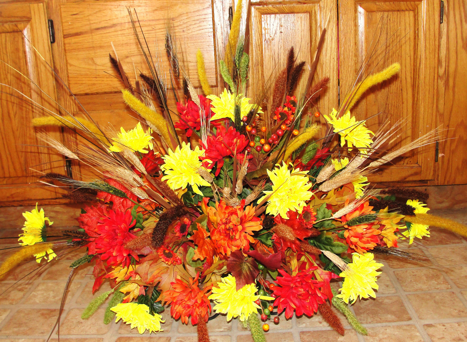 Fall Colors Mums Memorial Funeral Cemetery Grave Tombstone Saddle Silk Flowers