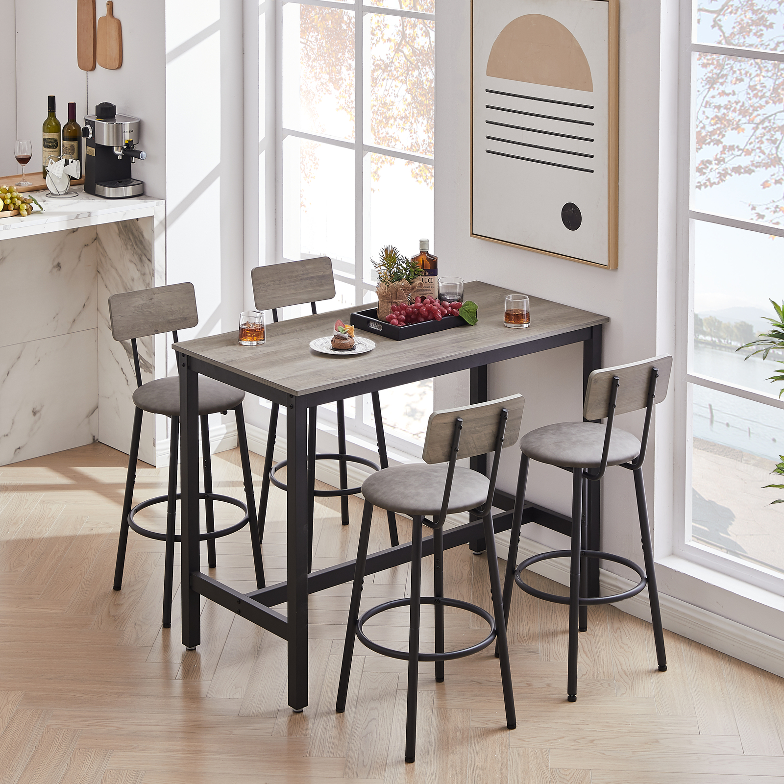 5 Piece Dining Table and Bar Stools Set Pub Table Kitchen 4x PU Bar Chairs Gray