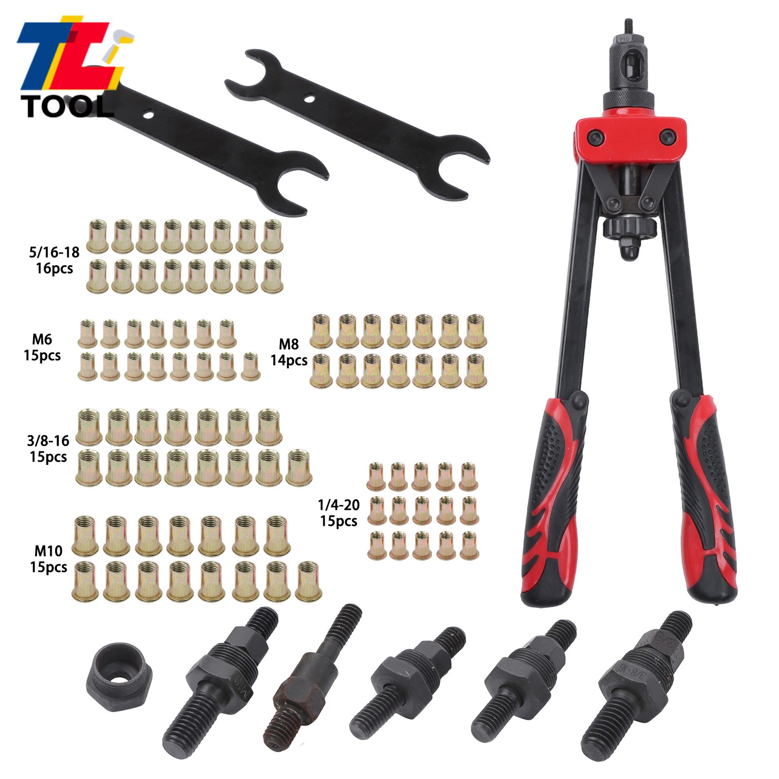14" Rivet Nut Tool: 90pcs Rivnuts, 2 Mandrel Lock Pins, Metric & Inch Mandrels