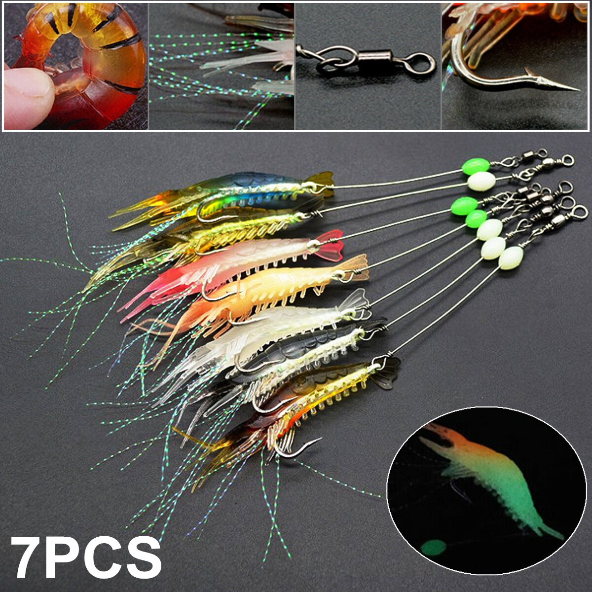 7x Luminous Fishing Bait Lure Artificial Shrimp Lures Soft Hook Prawn Bait Kit