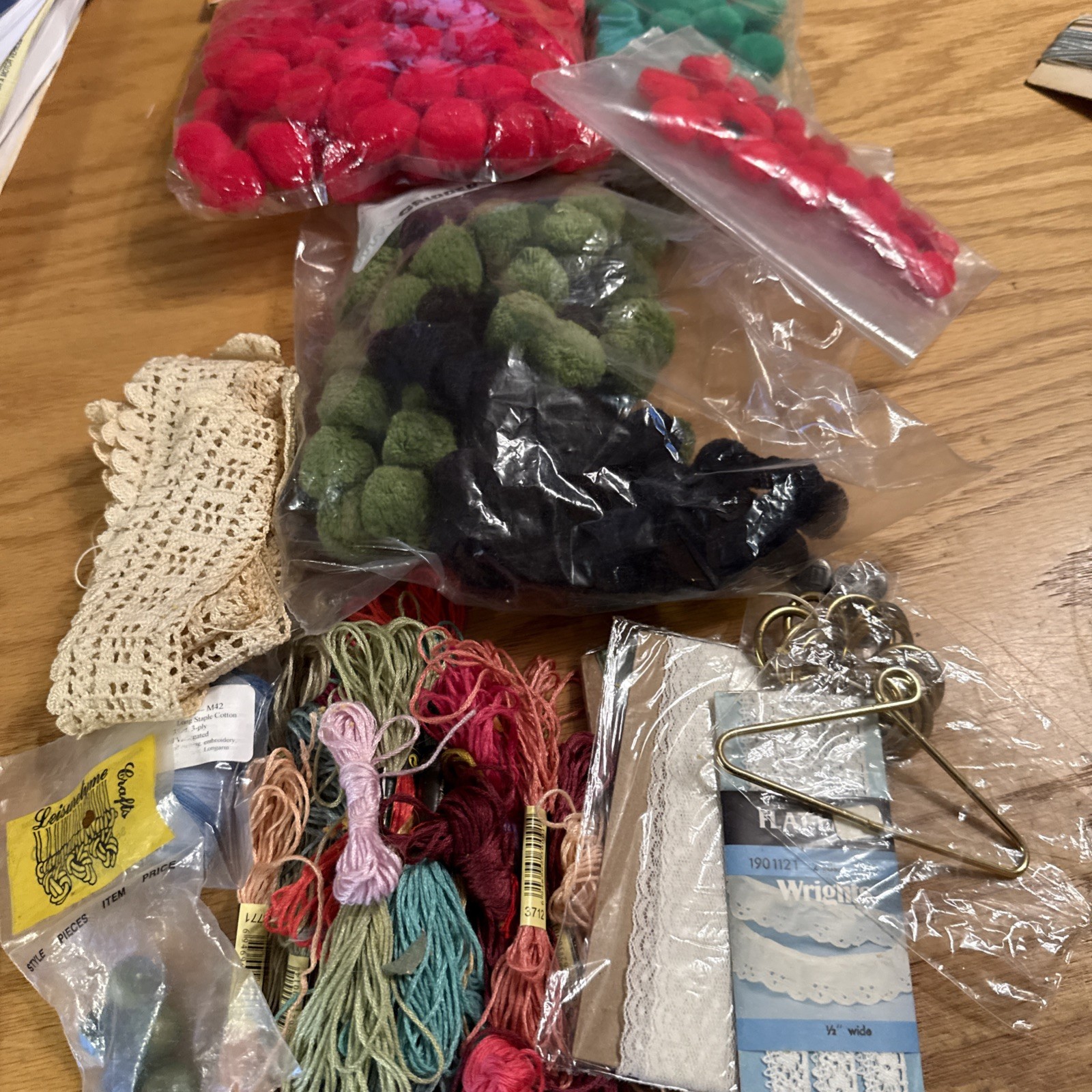 Lot of Craft items: POM-POMS, embroidery floss, lace, beads, rings, etc.