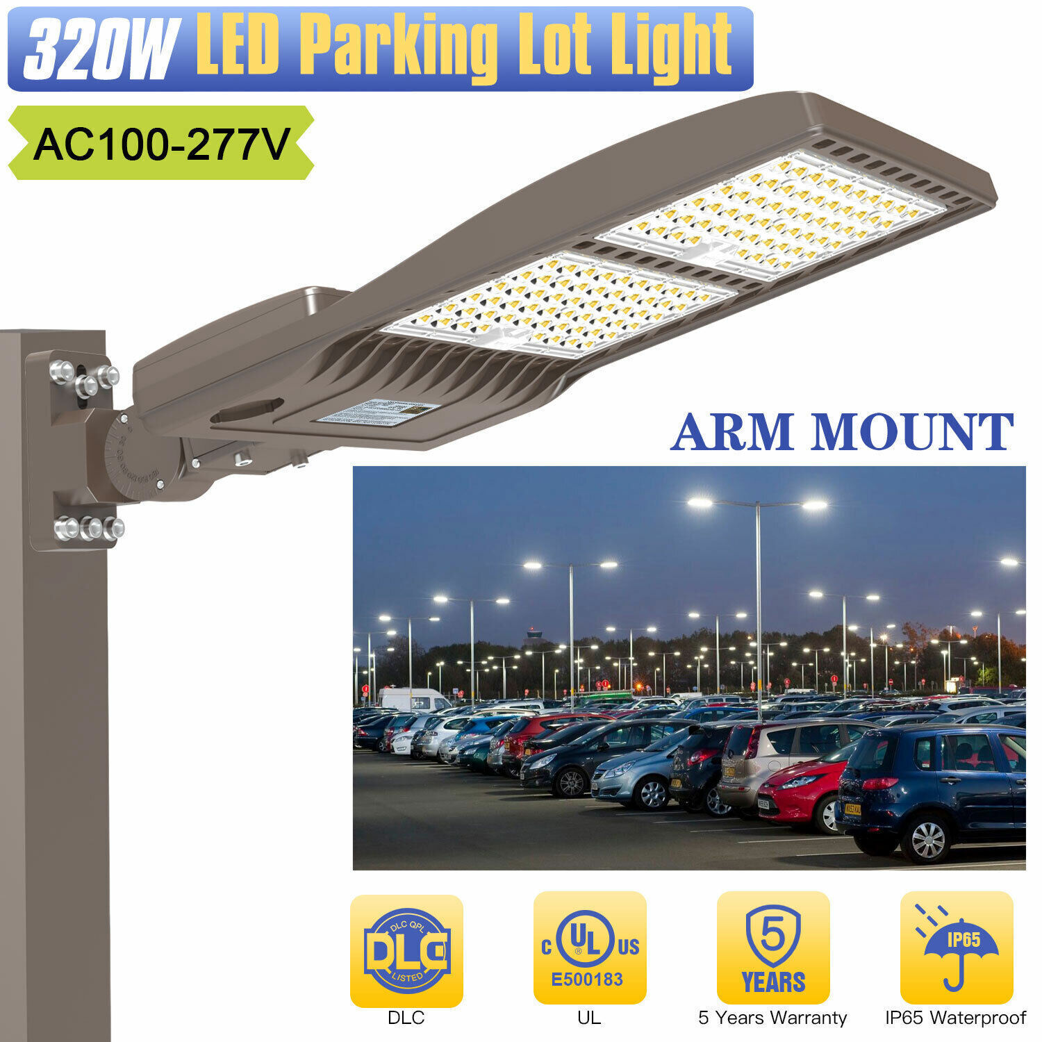 UL 320W LED Parking Lot Light Commercial Outdoor Shoebox Street Light +Arm Mount