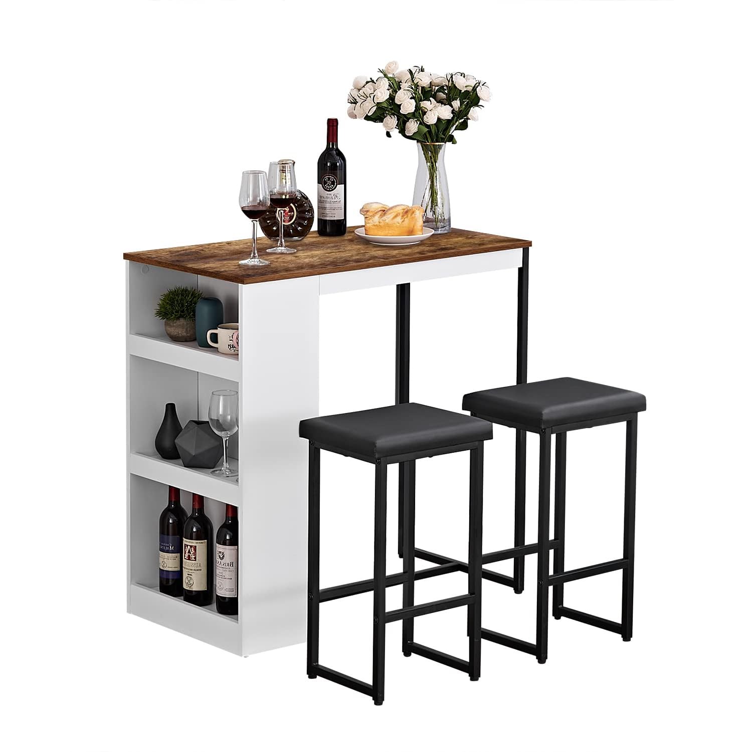 3 Piece Dining Table Set Kitchen Bar Table with Two Stool Storage Shelves Woo...