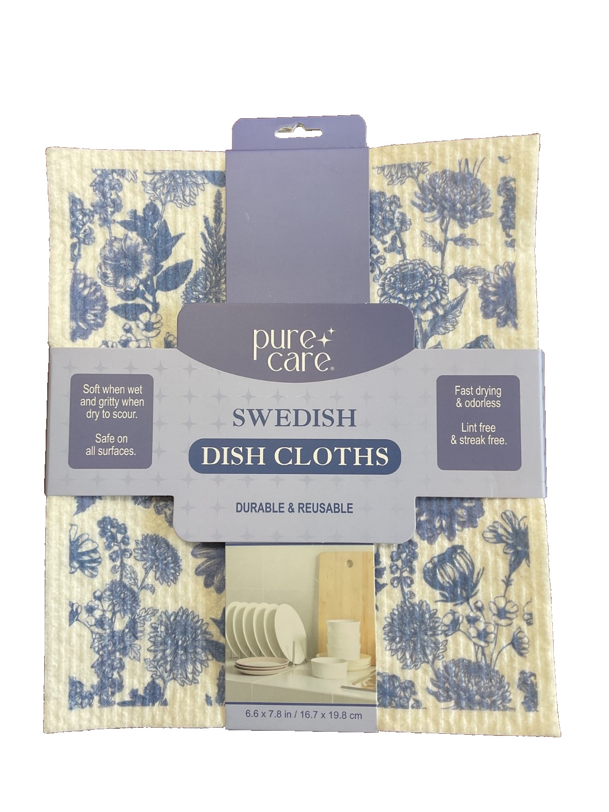 PURE CARE SWEDISH DISHCLOTHS (6) 6 .7 X 7.5 FLORAL BLUE NIP